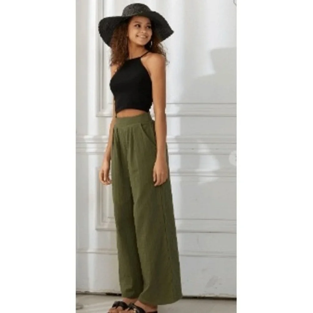 NOFLICK NWT Olive 100% Cotton‎ Wide Leg Smocked Waist Relaxed Flowy Pants M